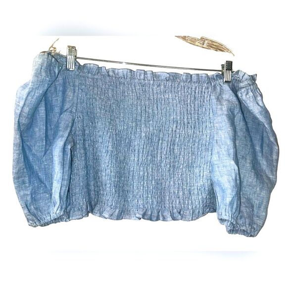 Boden NWT Carrie Smocked Linen Top Medium Blue Size 14 - Picture 2 of 6